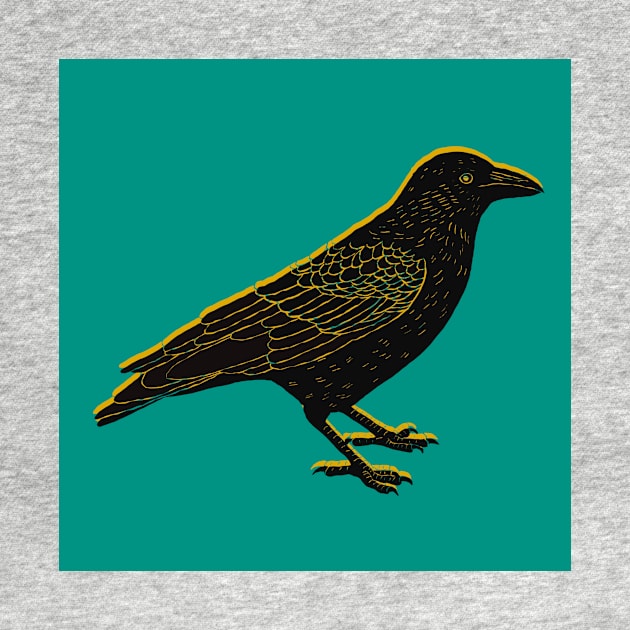 Crow block print black yellow green by Kimmygowland